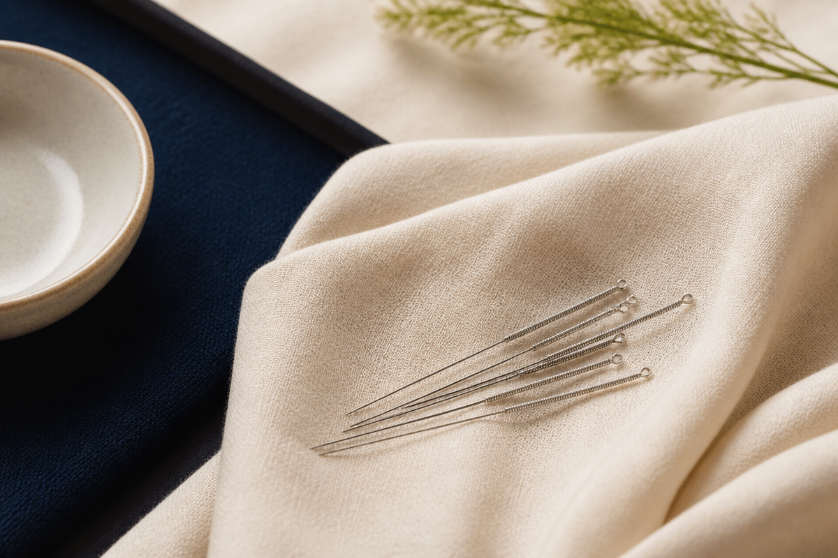 Acupuncture needles arranged on softly folded ivory cloth