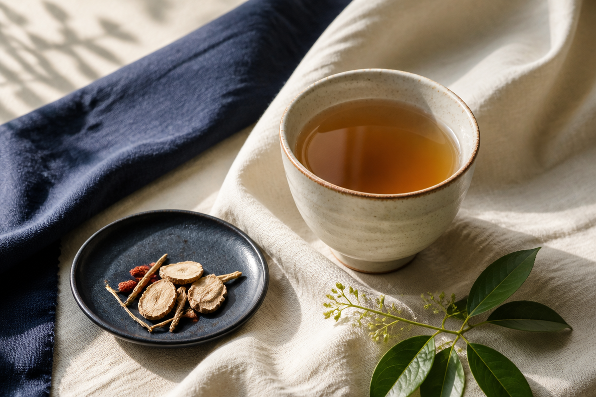 Herbal tea, dried herbs, and botanical leaves arranged on ivory linen