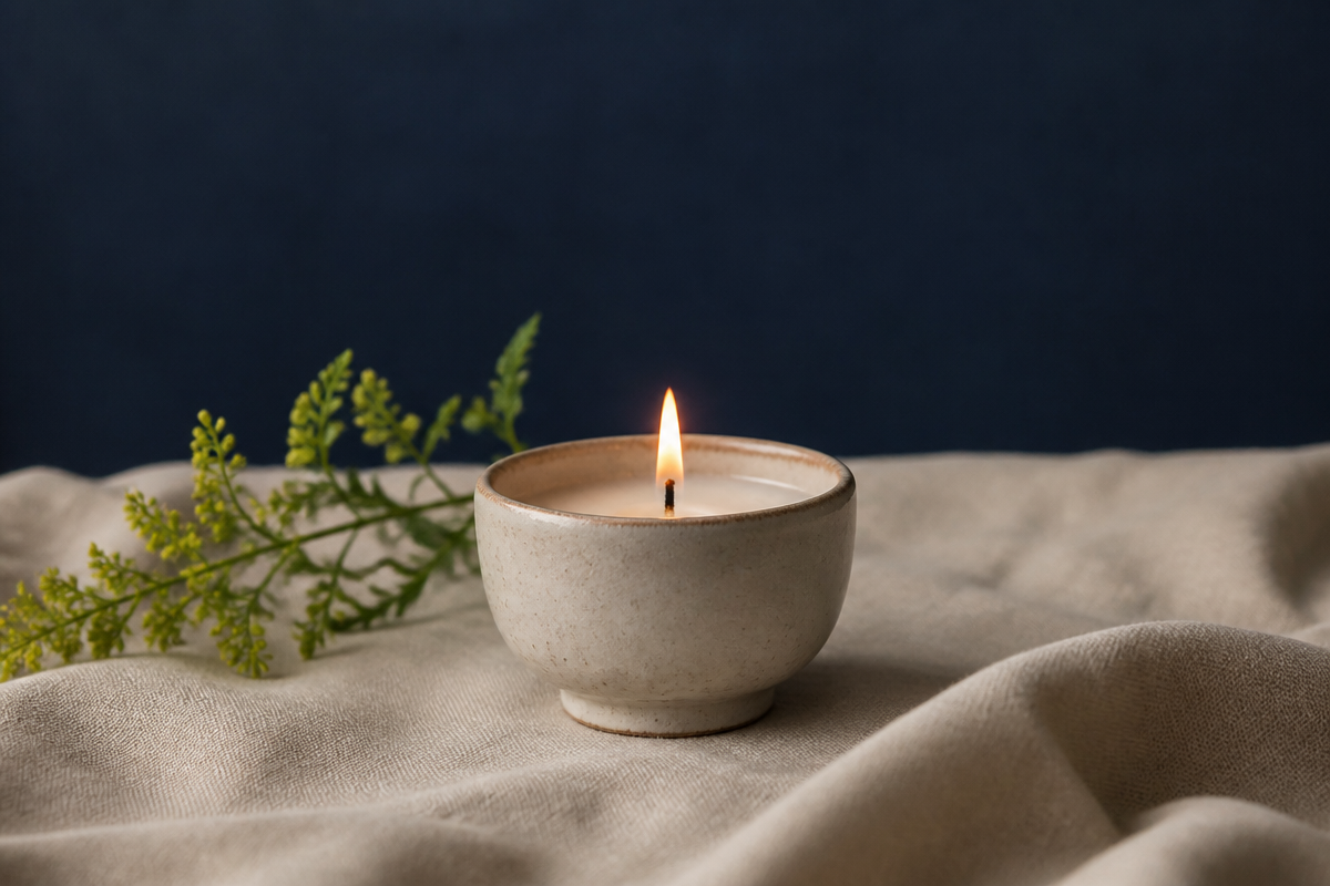 Single candle lit against a deep navy background