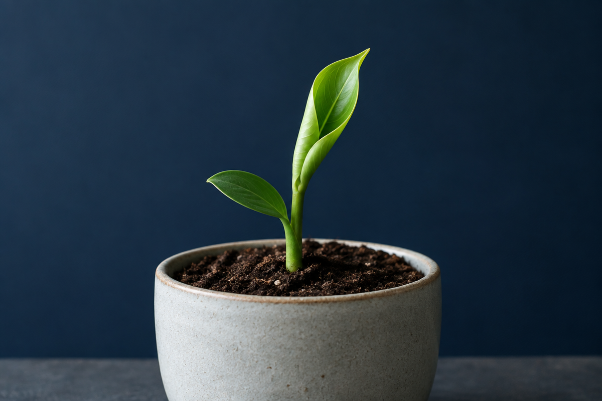 A green shoot unfurling from dark soil