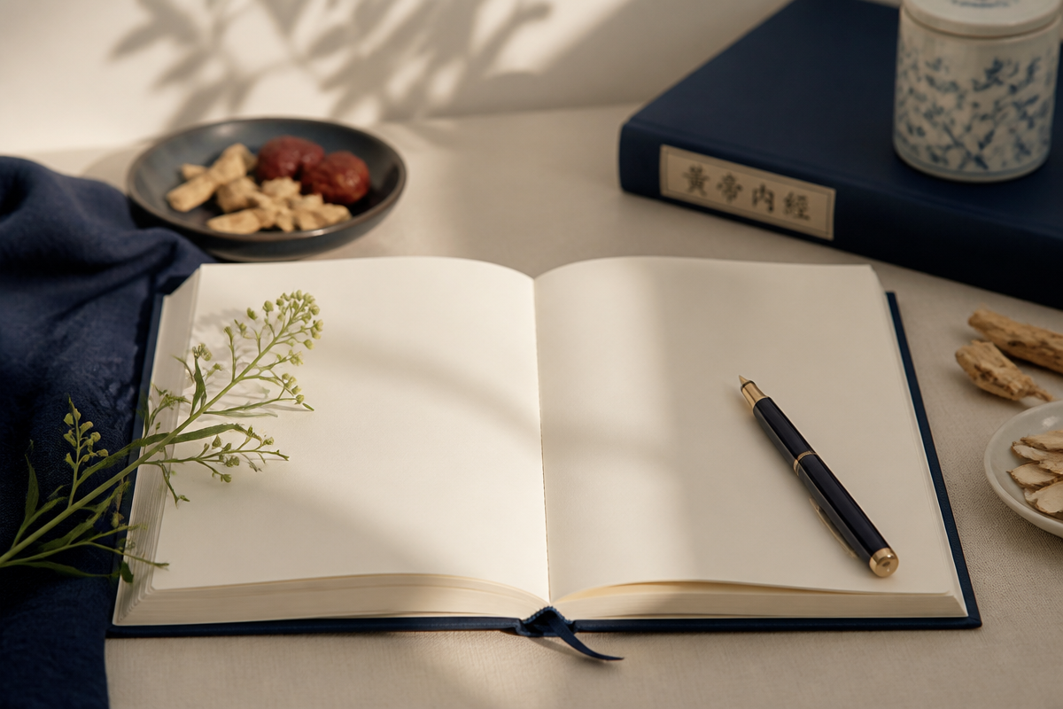 Open journal with a botanical sprig and pen