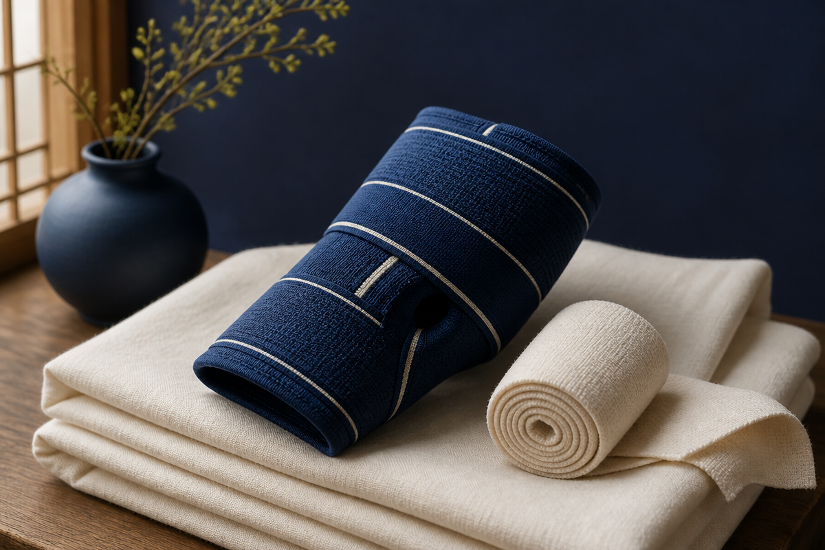 Wrapped joint support resting on folded linen