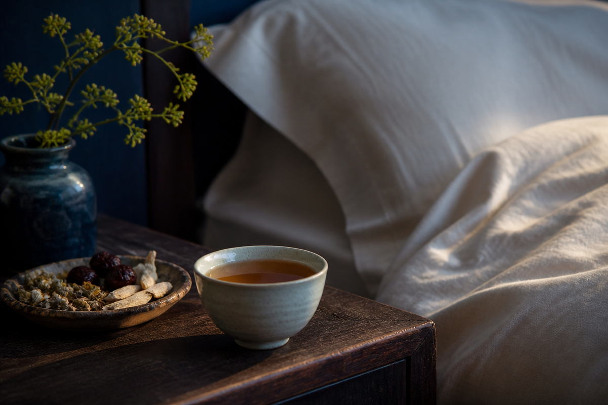 Herbal tea beside softly folded bedding