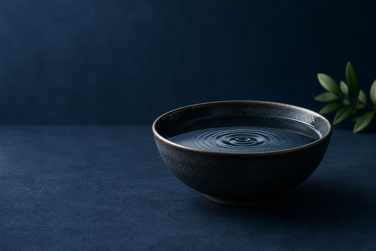 Still water in a dark ceramic bowl