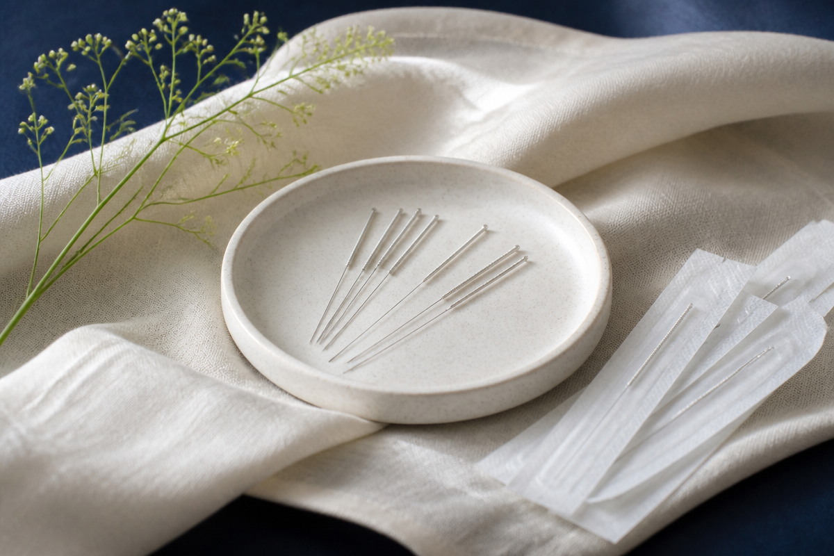 Sterile acupuncture needles arranged on ivory cloth