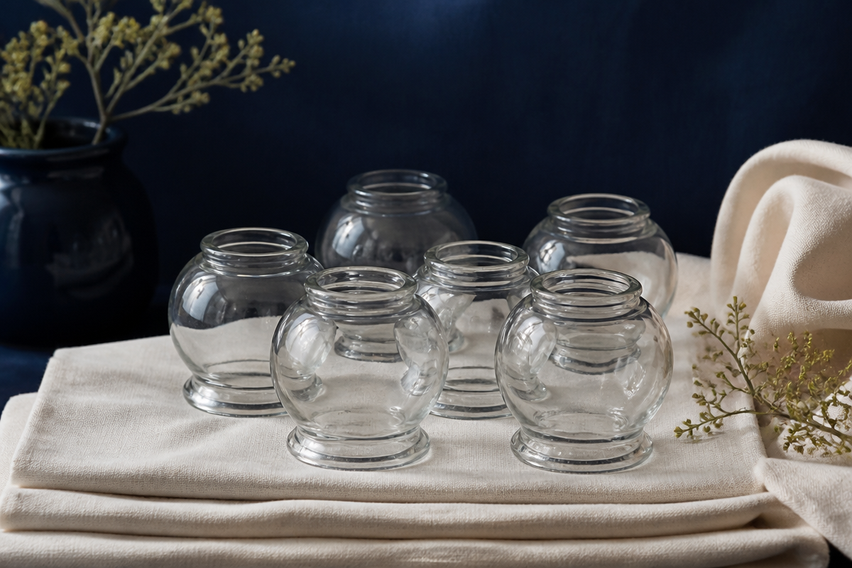 Clear glass cupping jars on folded linen