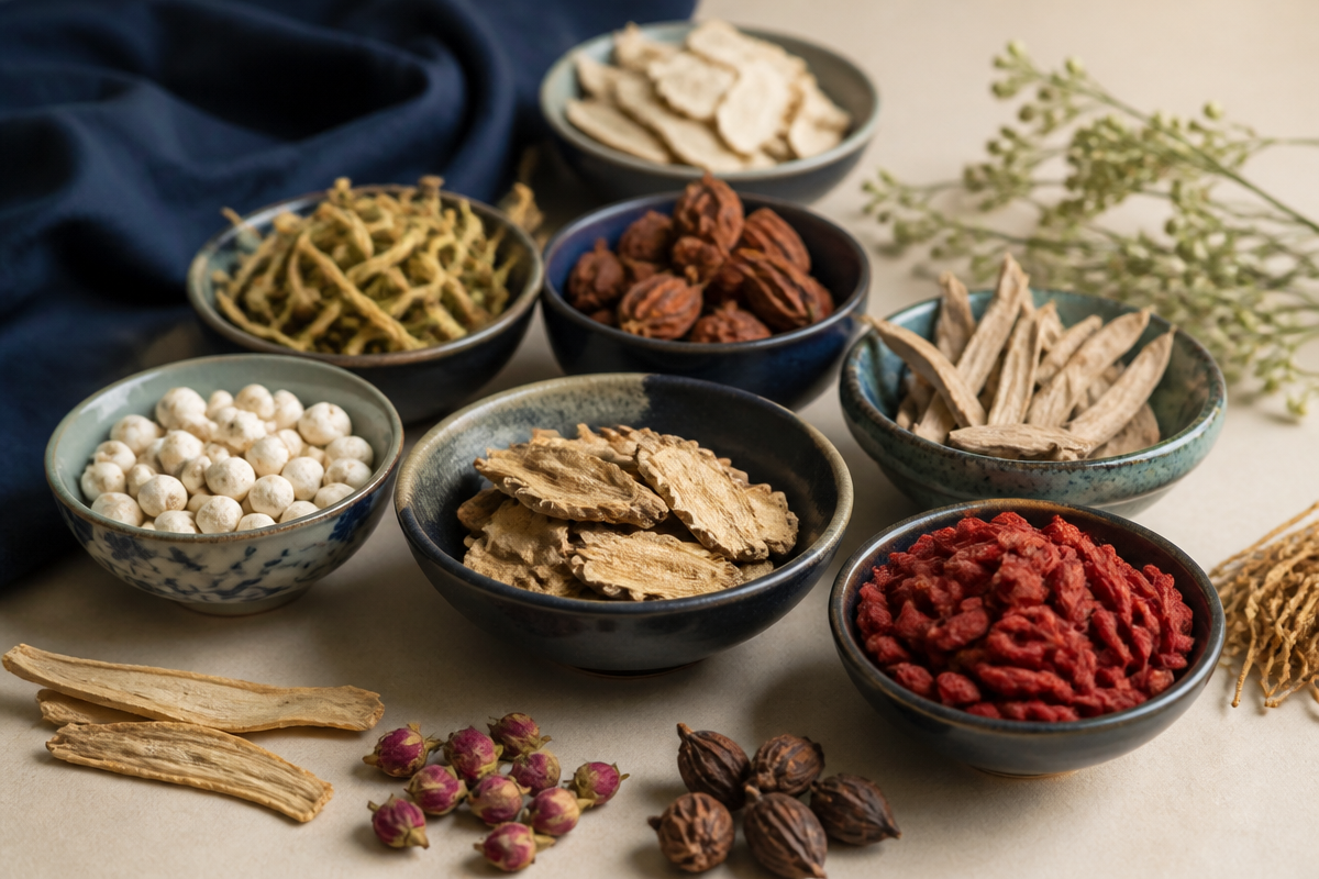 Dried Chinese herbs arranged in ceramic bowls