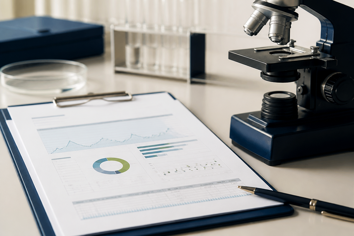Laboratory report and microscope on a clean desk