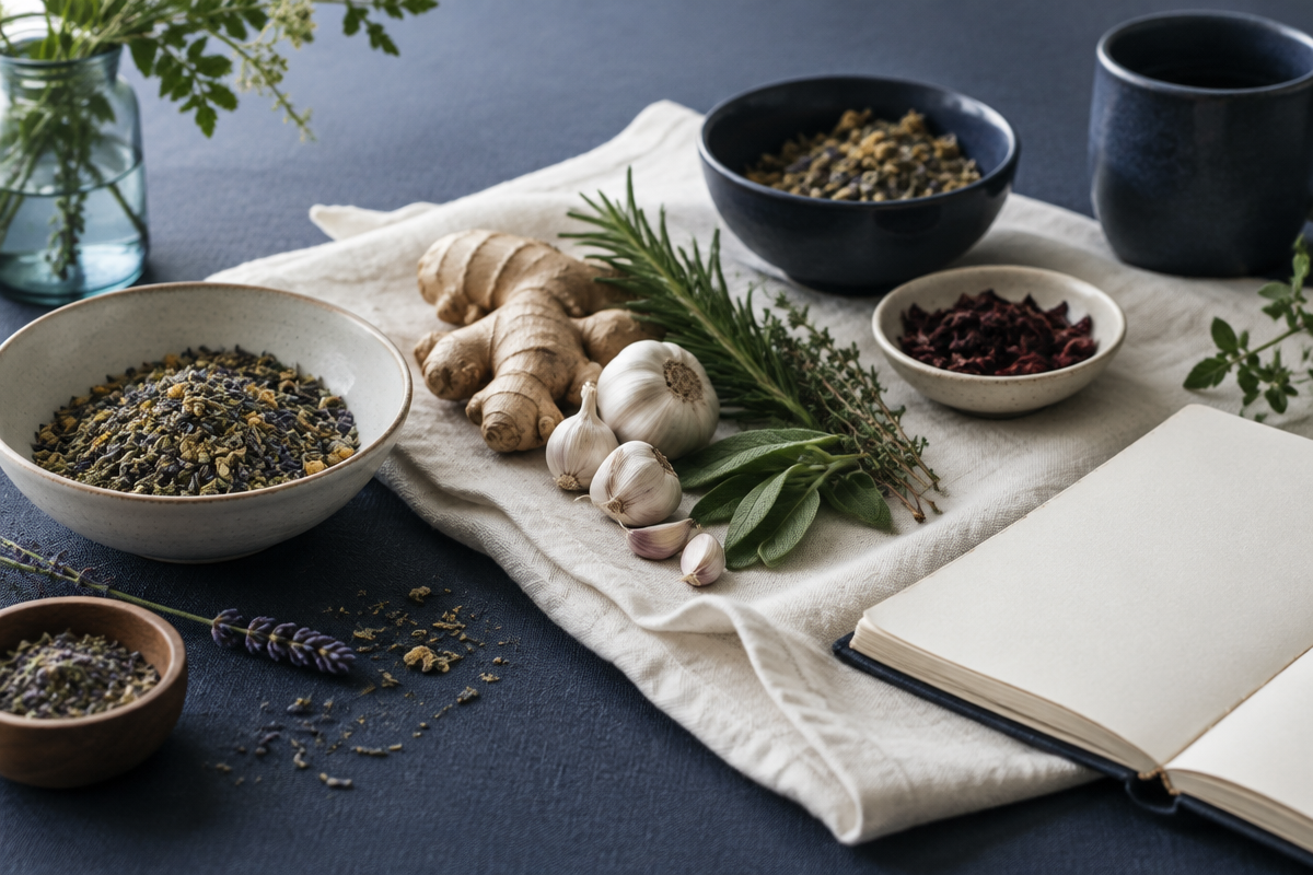 Whole ingredients and dried herbs beside a notebook