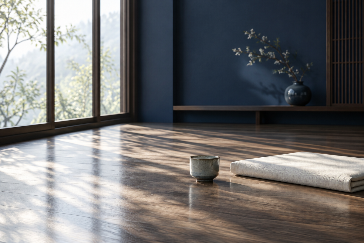 Quiet room with morning light and a folded mat